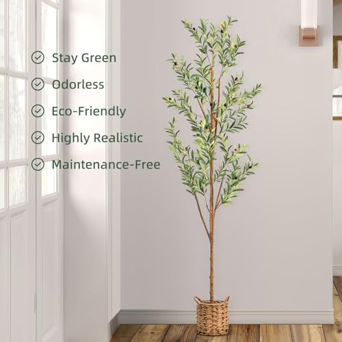 6ft Artificial Olive Tree with LED Fairy Lights, Tall Faux Potted Plant with Woven Basket - Natural Wooden Trunk & Lifelike Leaves & Fruits for Indoor Home Office Foyer Decor Housewarming Gift - size: 5ft 11in