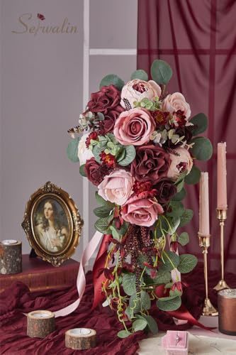 Serwalin 10 Inch Wedding Bouquets for Bride Bridesmaid, Burgundy Pink Bridal Bouquets for Bride, Artificial Bouquets of Flowers for Wedding Ceremony Bridal Shower and Anniversary Day Decor - color: Attractive Burgundy Pink
