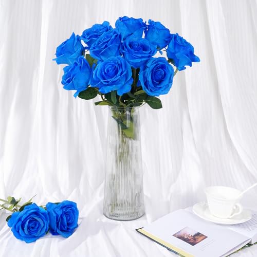 Waipfaru 16 Pcs Blue Roses Artificial Flowers, Fake Silk Roses with Long Stems, Faux Flowers for Independence Day Wedding Bouquet Centerpiece 4th of July Patriotic Decor (Royal Blue) - color: Royal Blue, size: 16 Pcs