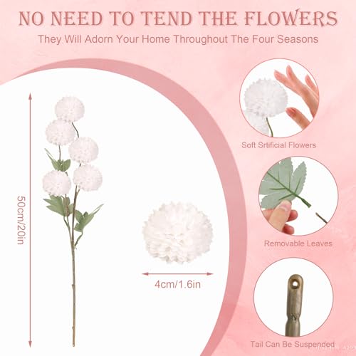 INQCMY Artificial Flowers 12 Pcs Fake Chrysanthemums White Faux Kiku Flower Long Stem 20" Realistic Silk Pompon Mums for Vase Wedding Bouquets Centerpieces Home Decor - color: White