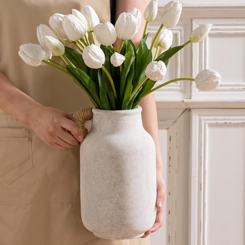 Ceramic Flower Vase Home Decor - 10.6 inch Tall Large White Rustic Table Flowers Vases with Handle Living Room Bedroom Plant Decoration Farmhouse Vintage for Kitchen Shelf Office Coffee Dining Desk - color: C-10.6" Plus-with Hemp Rope