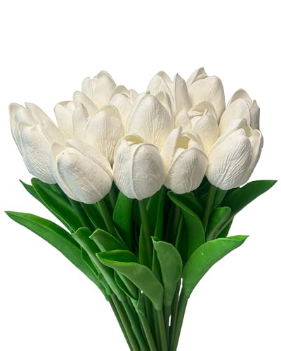 15pcs White Tulips PU Artificial Flowers Real Touch Fake Tulips for Spring Easter Home Kitchen Wedding Bouquet Bulk Mother's Gift Day Decorations - color: White