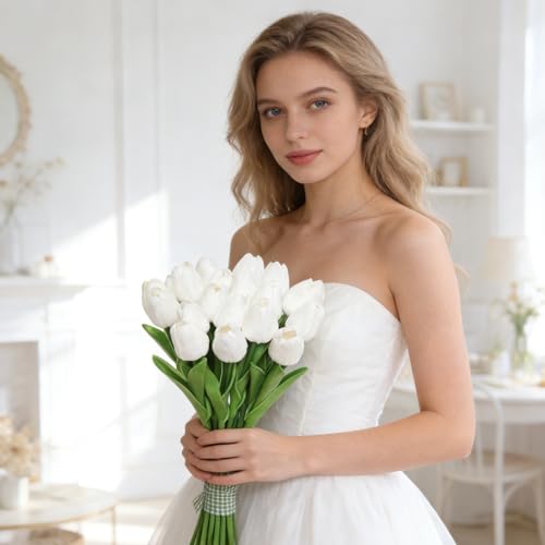 20 Stems Artificial Tulips Pure White PU Fake Flowers Fake Tulips for Valentine's Day Wedding Home Spring Decor