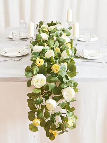 MISSPIN 2pcs Artificial Flowers Garland Spring Eucalyptus Garland Vintage Fake Flower Peony Rose Vine Greenery Decorative Wall Hanging Plant for Wedding Arch Door Arrangement Party Decor - color: Ginger,2