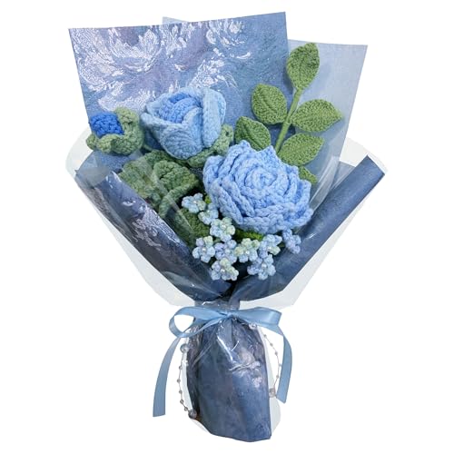 Blue Rose Crochet Flowers Bouquet Handmade Knitted Artificial Flowers Home Decor - color: Flowers003