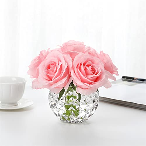 7 Large Stem Rose Artificial Flowers in Vase, Silk Flowers Arrangement in Round Glass Vase Without Water for Home Decor, Wedding Table (Pink) - color: Pink W/O Water