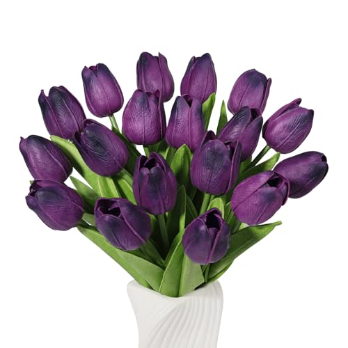 Beferr 18pcs Tulips Artificial Flowers Faux Tulip Real Touch Tulip Fake Flowers Bouquets Arrangements for Mothers Day Spring Easter Wedding Home Table Decor Dark Purple - color: L-18pcs-1colors-dpurple, size: 18PCS