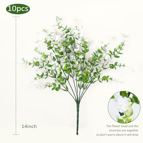 RECUTMS 10Pcs Artificial Flowers for Outside Artificial Faux Plants Flowers Outdoor Spring Decoration, Fake Eucalyptus Realistic UV Resistant for Planter Realistic Outside Porch Patio Garden(White) - color: White, size: 10 Pcs
