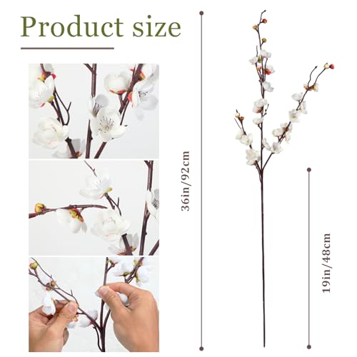 8pcs White Cherry Blossom Branches Artificial Flowers for Winter Spring Indoor Decoration,36" Plum Fake Peach Plants for Wedding Home Office Bedroom Party Decor (White, 36in) - color: White, size: 36in