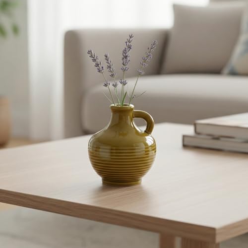 Sunddo Brown Ceramic Vase 6 Inch - Small Rustic Decorative Vase with 1 Handle for Farmhouse Home Decor, Shelf, Bathroom, or Coffee Table - color: Brown - 6, size: 6 Inch