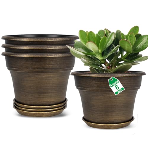 Plant Planters Pots Set of 4 Pack 8 Inch, Plastic Flower Pot For Indoor Plants With Drainage Holes & Trays, Resin Decorative Container Sets With Saucer For House Outdoor Garden Planters Dark Gold - color: Gold, size: 8 inch-4 pack