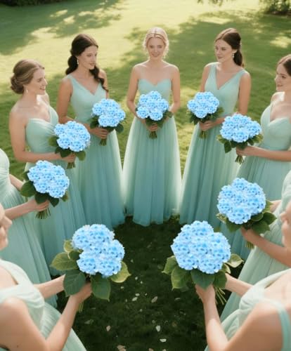 50 Pack Artificial Light Blue Hydrangea Flowers with Leaves, 6 Inch Silk Flower Heads, DIY Mother's Day Wedding Decor Set with 100 Leaves, 50 Stems - color: Light Blue