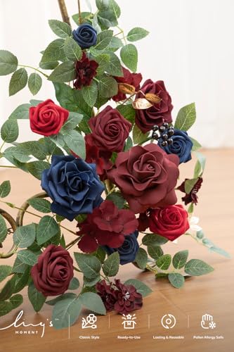 Ling's moment 2pcs Wedding Flowers Garland Artificial Floral Swag Arch Decorations Greenery Arrangements Burgundy & Navy Blue Ceremony Reception Garden Easel Wall Entryway Outdoor NOT Include Sign - color: Burgundy & Navy Blue