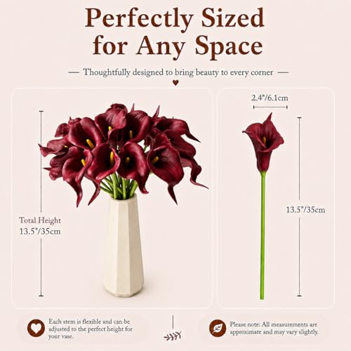 Mandy's 20pcs Burgundy Calla Lily Artificial Flowers | 13.5 Inch PU Realistic Bouquet for Vase Elegant Home Decor Centerpiece Wedding Bridal Bouquet Table Decoration - color: Burgundy