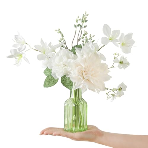 Faux Flowers with Vase,Small Artificial Silk Roses in Vase, Fake Plant Eucalyptus Flower Arrangement for Home Office Decoration, Living Room and Dining Table Centerpiece - color: White