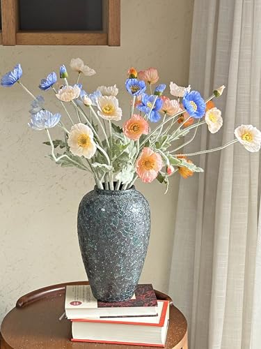 Set of 6 Poppies Flowers Artificial Silk Flowers with Long Stems Faux Wildflowers Bouquet for Vases Oil Pastel Style for Wedding Party Indoor Home Office Decor (Champagne) - color: Champagne
