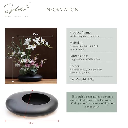 SYDDOL 17'' Artificial Phalaenopsis Flowers Arrangement Artificial Orchid Bonsai in Ceramic Pot Zen Fake Flower Silk Orchid Flower for Home Wedding Party Décor Mothers Day Flowers (White + Blacke Pot) - color: White Flower + Black Pot