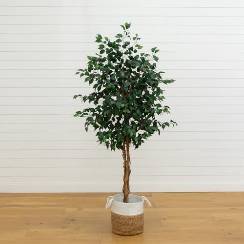 Nearly Natural 6ft. Triple Trunk Ficus Artificial Tree with Natural Trunks in Handmade Natural Jute and Cotton Basket Planter - size: 6ft, style: Tree in Basket