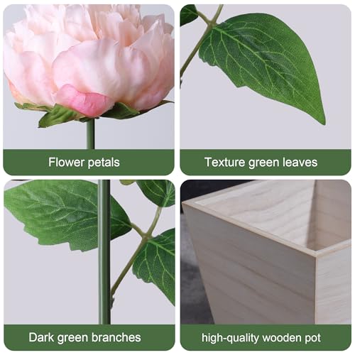 Artificial Hydrangea Flowers Arrangement in Wood Planter, 4PCS Fake Flowers in Wooden Vase Potted Floral Centerpieces for Tables Living Room Home Office Kitchen Decor (Light Pink Peony) - color: Light Pink Peony