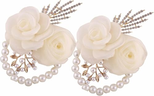 Bridal Wrist Corsage with White Roses, Pearl Beads and Crystal Accents, 2-Pack for Wedding Bride,Bridemaids,Party