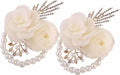 Bridal Wrist Corsage with White Roses, Pearl Beads and Crystal Accents, 2-Pack for Wedding Bride,Bridemaids,Party