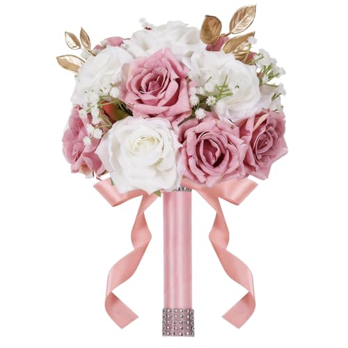 Wedding Bouquets for Bride & Bridesmaid, 9 Inch Artificial Rose Bridal Bouquet, Ivory White & Pink Silk Flowers for Wedding Ceremony, Church, Party Decoration (White Pink) - color: White Pink