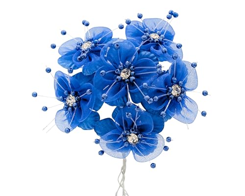 72PC Artificial Organza Flower Rhinestone Pick for Home Craft Decor DIY Wedding Bridal Veil Headband Dress Cake Topper Embellishment Scrapbook Favor Corsage Floral Bouquet Arrangement (Royal Blue) - color: Royal Blue