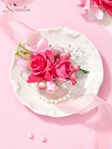 Serwalin 6 PCS Hot Pink Wrist Corsage for Wedding, Corsages Wristlet for Bride Bridesmaid Mother Grandmother Girl, Artificial Flowers for Prom Ceremony Homecoming Anniversary - color: Hot Pink, size: Corsage 6pcs
