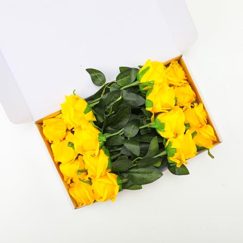 Yellow Fake Roses Artificial Flowers - 16 Pcs Fake Artificial Roses Silk Flowers with Stems for Home Wedding Hotel Office Centerpiece Decor - color: Yellow, size: 16 Pcs