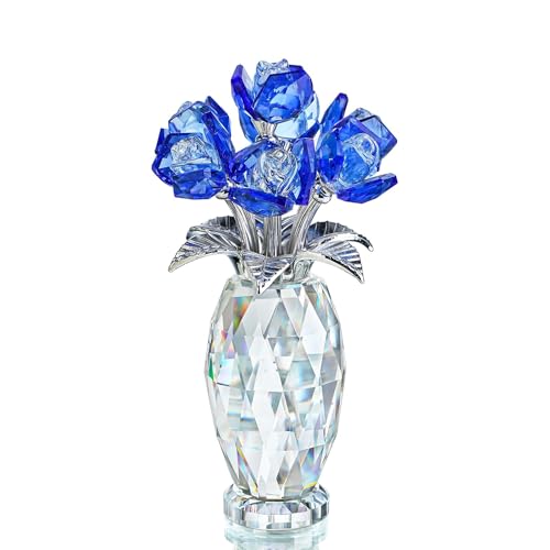 H&D HYALINE & DORA Blue Crystal Rose Flower Paperweight,Glass Flower Gifts for Women Girl Wife,Crystal Flowers Bouquet Collectible for Christmas Day Wedding Anniversary - color: Blue 2