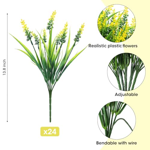 Ouddy Decor 24 Bundles Artificial Flowers for Outdoors, Fake Lavender Flowers Monkey Grass Faux Plastic Plants Shrubs UV Resistant for Porch Garden Window Box Office Home Decorations, Yellow - color: Yellow
