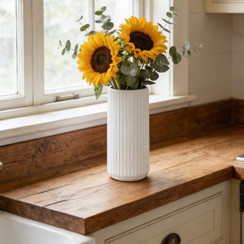 White Ceramic Flower Vase for Pampas Grass, 8 inch Small Decorative Centerpiece Ribbed Vase for Dining Table, Office Desktop, Shelf Bookshelf, Mantel, Entryway, Bathroom, Countertop, Farmhouse, Gift - color: Ceramic White, size: 8 inch