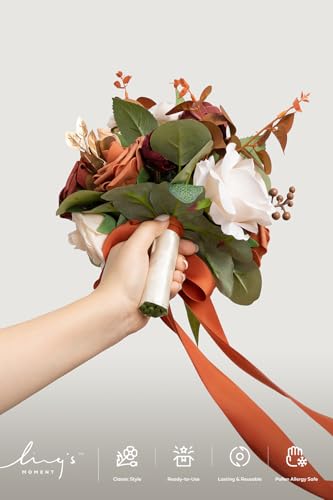 Ling's moment Terracotta Artificial Wedding Flower Bouquets for Bridesmaids Burnt Orange Floral Bouquet Rust Bridal Bouquets for Bridesmaids with Ribbon Ceremony Anniversary,7-inch Diameter - color: Or-gradual Terracotta
