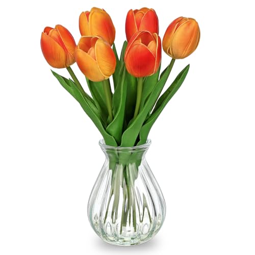 Artificial Tulips Flowers in Glass Vase - 6 Pcs Faux Flowers in Vase with Faux Water 12.5" Orange & Yelow Ombre Fake Tulips Bouquet Floral Arrangement Centerpiece for Living Room Table Home Decor - color: Orange & Yelow Ombre