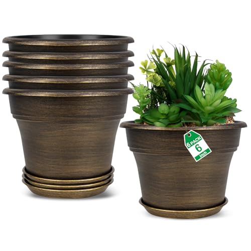 Plant Planters Pots Set of 6 Pack 6 Inch, Plastic Flower Pot For Indoor Plants With Drainage Holes & Trays, Resin Decorative Container Sets With Saucer For House Outdoor Garden Planters Dark Gold - color: Gold, size: 6 inch-6 pack