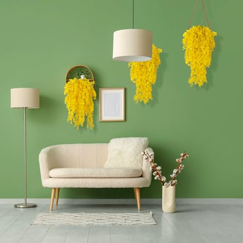 RECUTMS 4Pcs 29.9 Inches Fake Hanging Eucalyptus Plants UV Resistant Plastic Yellow Artificial Greenery for Indoor Outdoor Home Room Garden Farmhouse Front Porch Wedding Arch Patio Party Decoration - color: Pure Yellow 1