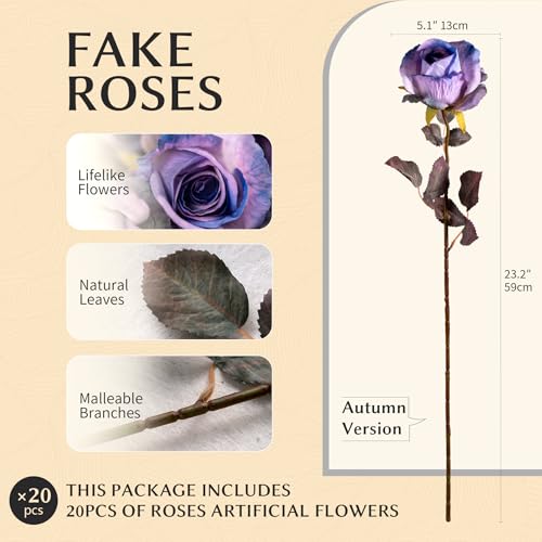 Artificial Flowers Artificial Roses Fake Roses 20PCS Long Stem Artificial Flowers for Tall Vase Silk Rose Suitable for Indoor Decor Wedding Party Decoration DIY Bouquet Autumn,Purple, 23.2In - color: Purple