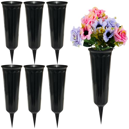 Memorial Floral Vases, Cemetery Vase, Headstones Flower Holder, Grave Cone Vase, Flower Pots for Outdoor Plants, Decorative Plastic Containers (Set of 6, Black) - color: Black