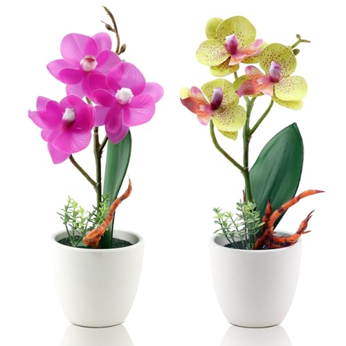 2Pcs Artificial Orchid Fake Flowers Faux Phalaenopsis Ceramic Vase Small Potted Plant for Home Office Desk Bathroom Wedding Decor(Purple & Yellow) - color: Purple & Yellow