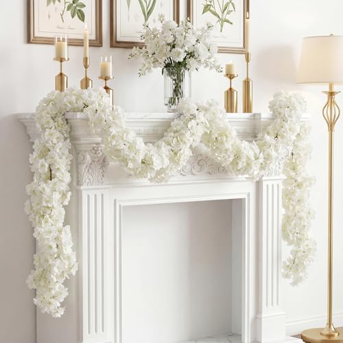 4 PCS Cherry Blossom Garland Artificial Silk Flower Vine Hanging Floral Decor for Wedding Arch Party Home Garden Wall Decoration (White) - size: 70in-4pcs-White