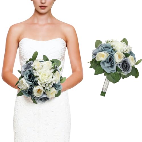 Wedding Bouquets for Bride, 11 Inch Bridesmaids Bouquets Artificial Flower Bouquets for Wedding Ceremony Bridal Shower Decorations - Dusty Blue & White - color: Dusty Blue & White