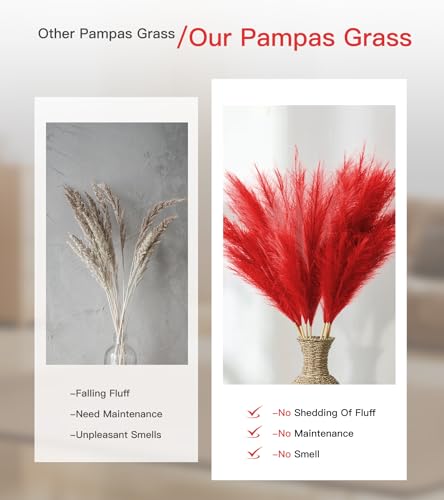 9 Pcs 45" Tall Pampas Grass Red Decor, Long Stem Artificial Flower Floor Vase Large Faux Floral Pompas Fake Plants Dried Bouquet Arrangement Vase Filler for Boho Home Wedding Decoration - color: 9 Pcs 45" Red Style