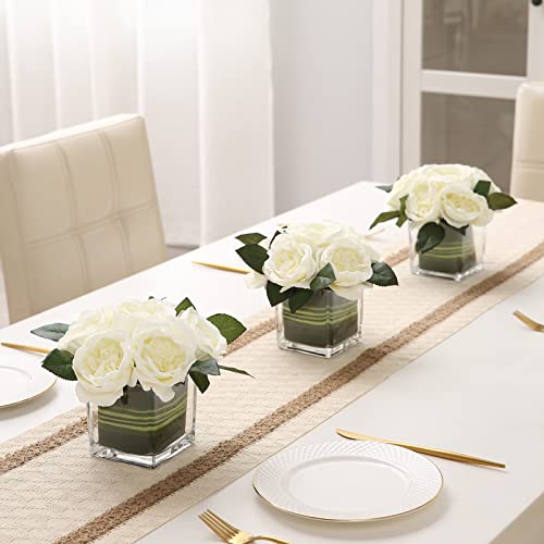 Artificial Peony Silk Flower Centerpieces Faux Floral Arrangement in Glass Vase for Home Wedding Table Decoration (Cream) - color: Cream