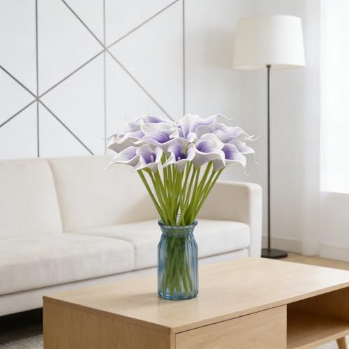 Calla Lily Bridal Wedding Festival Decor Bouquet Real Touch Latex Flower Bouquet Pack of 20 (Purple-White) - color: Purple-white