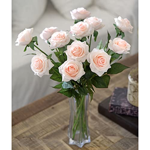 FiveSeasonStuff Fake Roses Wedding Flowers Real Touch Silk Cream Pink Artificial Flowers 12 Stems - color: Cream Pink