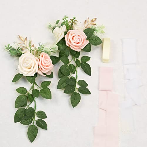 Wedding Aisle Decorations - Set of 10 Pew Flowers - Artificial Roses & Eucalyptus - Pink & Cream - 5.5" x 13" - Elegant Traditional Modern Style - Chair Flowers - color: Pink
