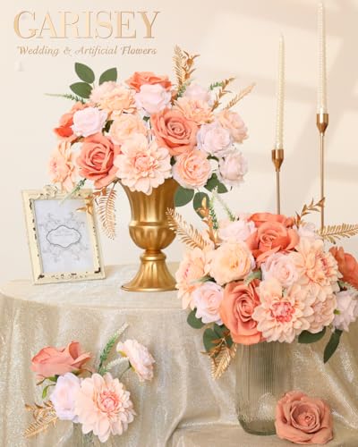 Garisey Artificial Flowers Combo, Mix Silk Flowers Roses, Peonies, Dahlias with Stems for DIY Wedding Bridal Bouquets, Baby Shower, Table Centerpieces, Home Decor, Fake Floral Arrangements-Champagne - color: Champagne
