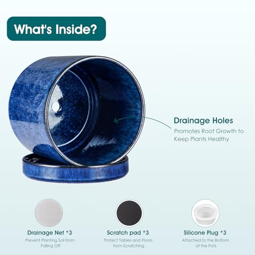 vancasso Ceramic Planters, Plant Pots for Indoor Plants, 6.25+8.25+10.25 Inch Ceramic Pots for Plants, Flower Pots with Drainage Holes (Blue, 6.25+8.25+10.25 Inch) - color: Blue, size: 6.25 + 8.25 + 10.25 Inch