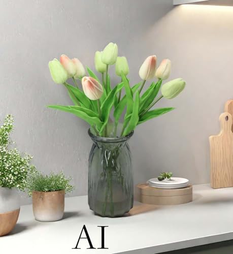 Artificial Flowers 10 Heads Mini Real Touch Artificial Tulip for Home Wedding Party Centerpiece Decoration (Champagne) - color: Champagne