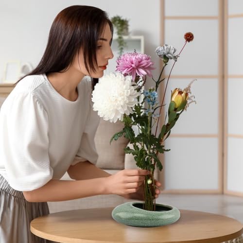 Japanese Ikebana Vase Kit w/ 1.57" Kenzan, Ceramic Pebble Bowl - color: Green